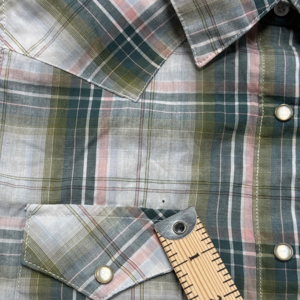 Wrangler Wrancher Shirt Women's Medium Green Plaid Pearl Snap Sleeveless Classic - Picture 7 of 7